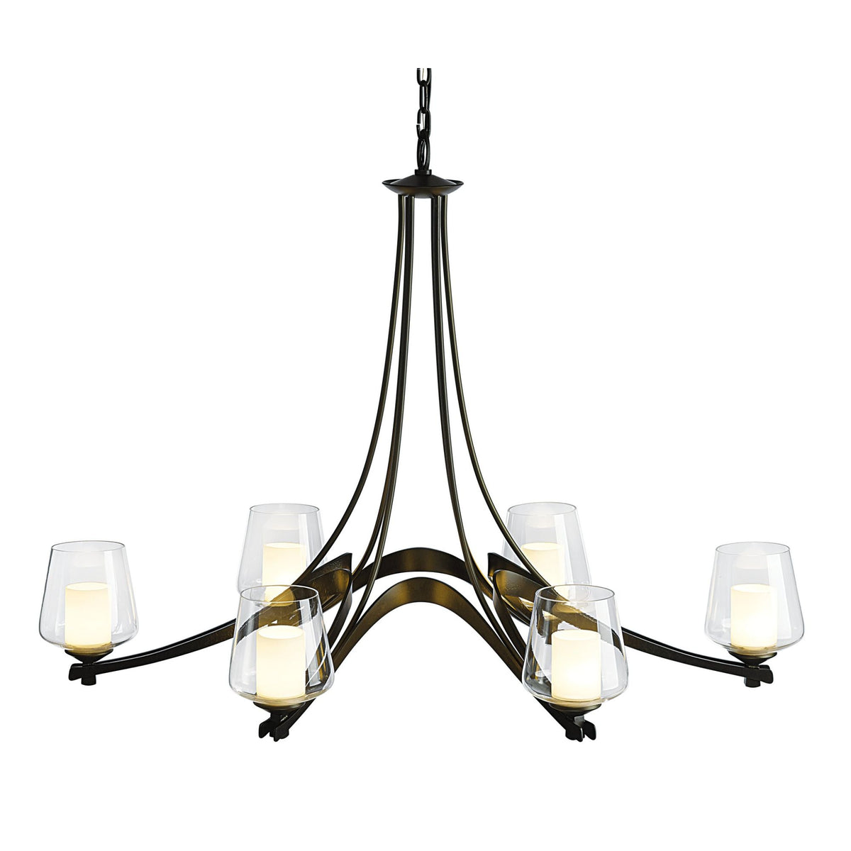 Oval Ribbon Clear Glass 6 Arm Chandelier 6-Light Clear Glass with Opal Diffuser (ZU) in Dark Smoke