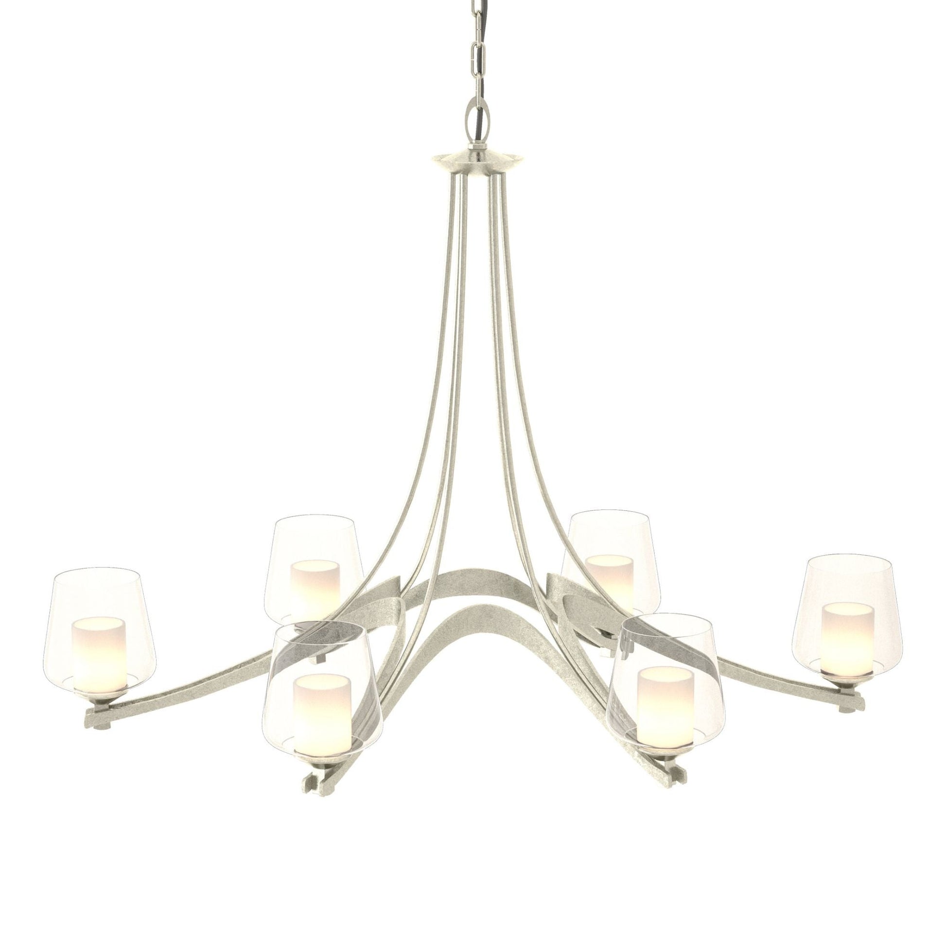 Oval Ribbon Clear Glass 6 Arm Chandelier 6-Light Clear Glass with Opal Diffuser (ZU) in Sterling