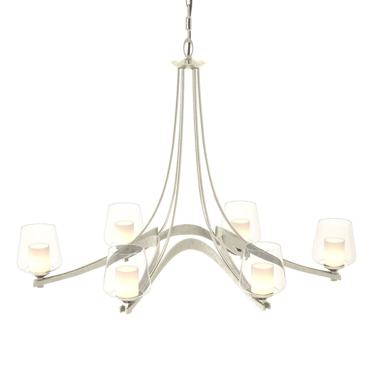 Oval Ribbon Clear Glass 6 Arm Chandelier 6-Light Clear Glass with Opal Diffuser (ZU) in Sterling