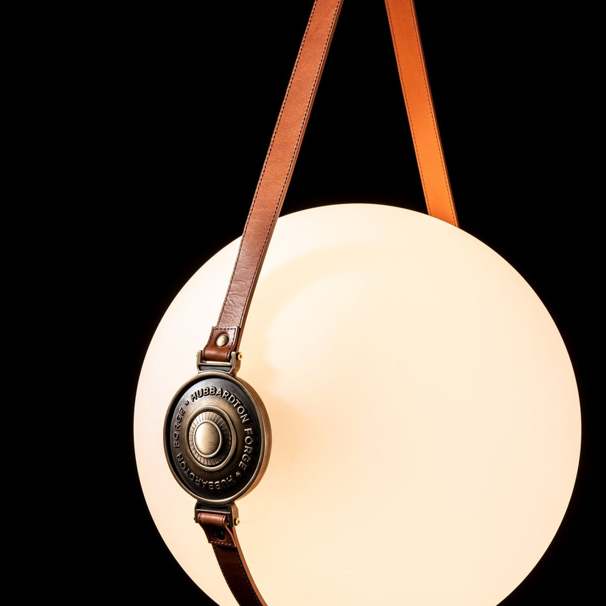 Derby Large LED Pendant Antique Brass Accent Chestnut Leather LED Opal Glass (GG) in Black