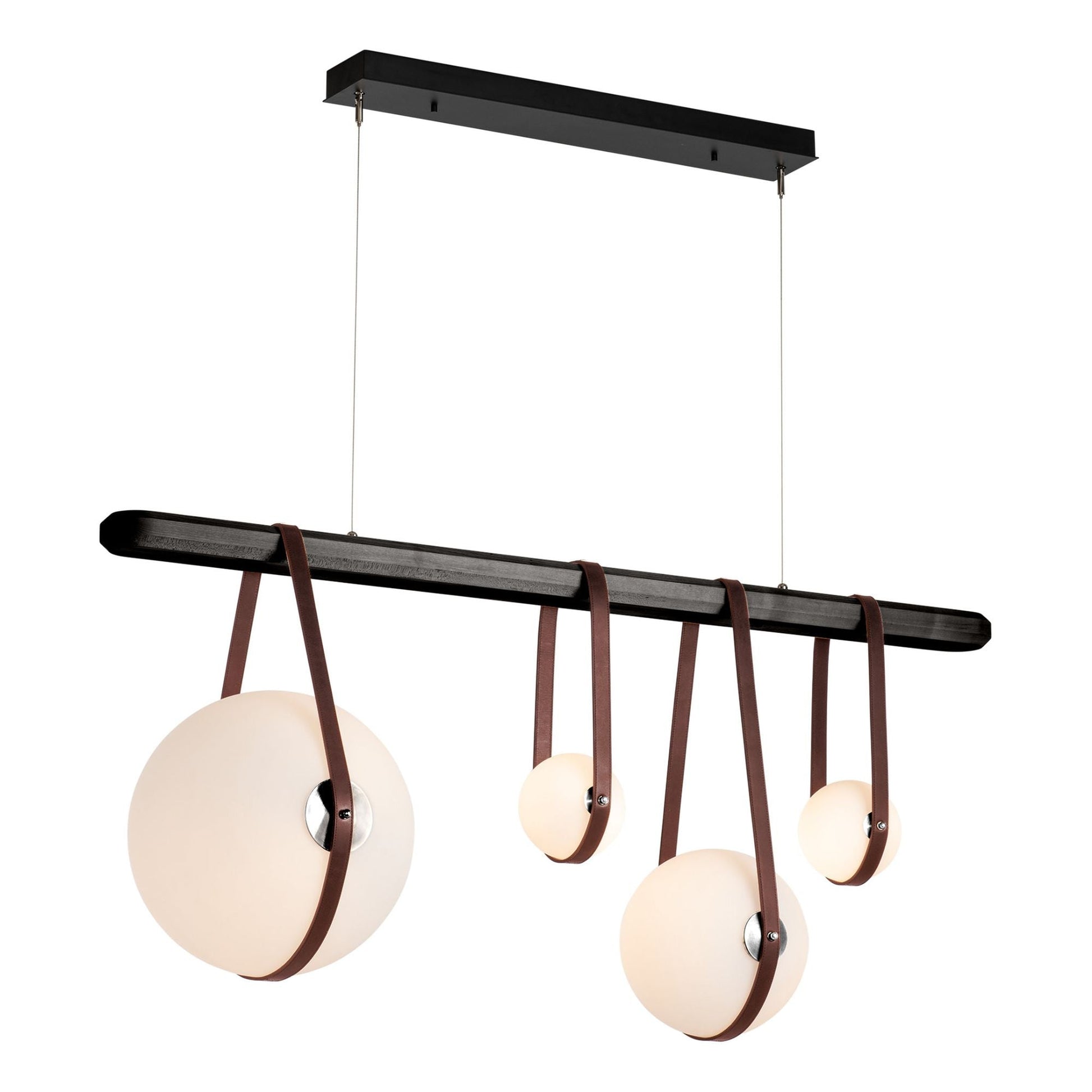 Derby Linear 4-Light LED Pendant Polished Nickel Accent British Brown Leather LED Opal Glass (GG) in Black