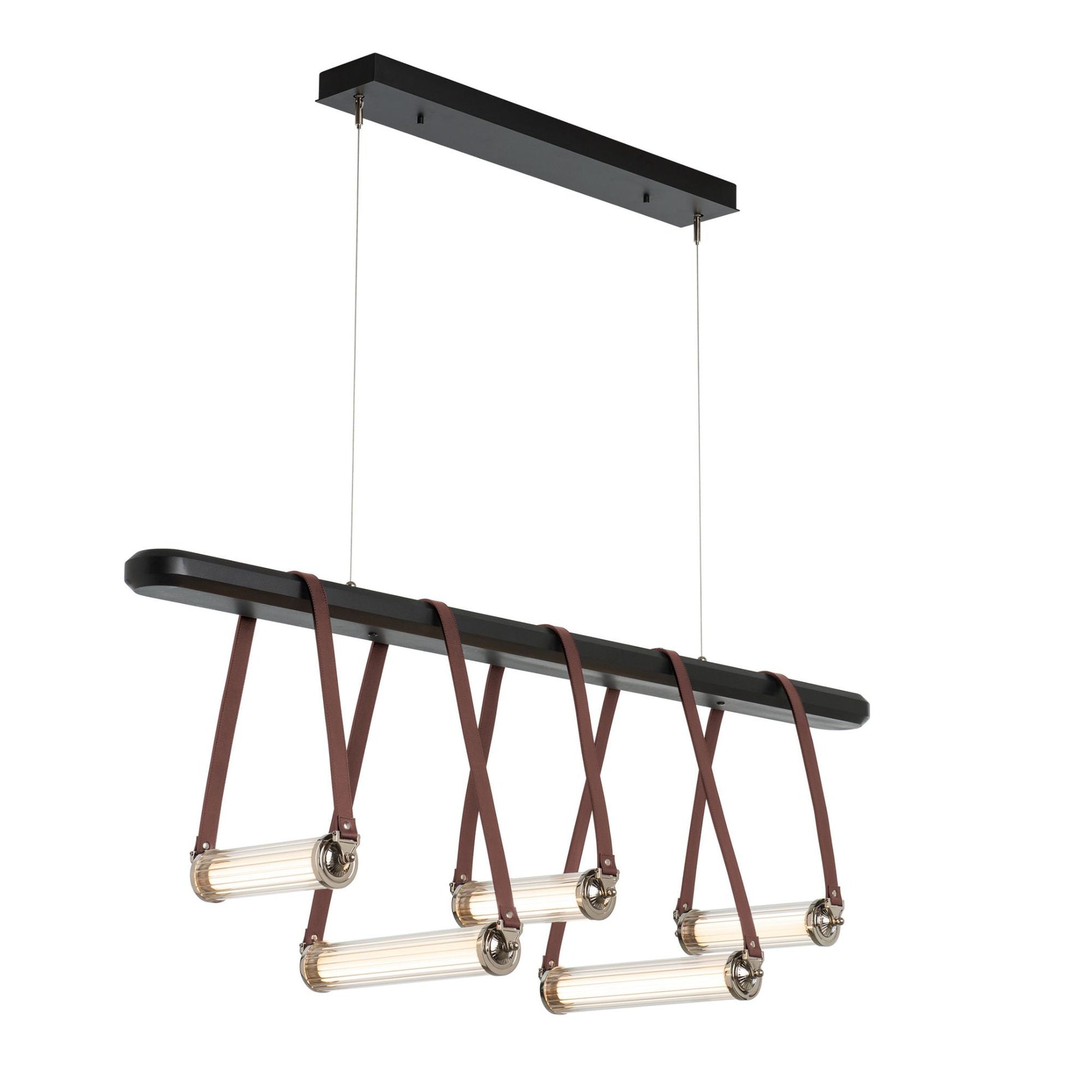 York Linear 5-Light LED Pendant Polished Nickel Accent British Brown Leather LED Clear Glass (ZM) in Black