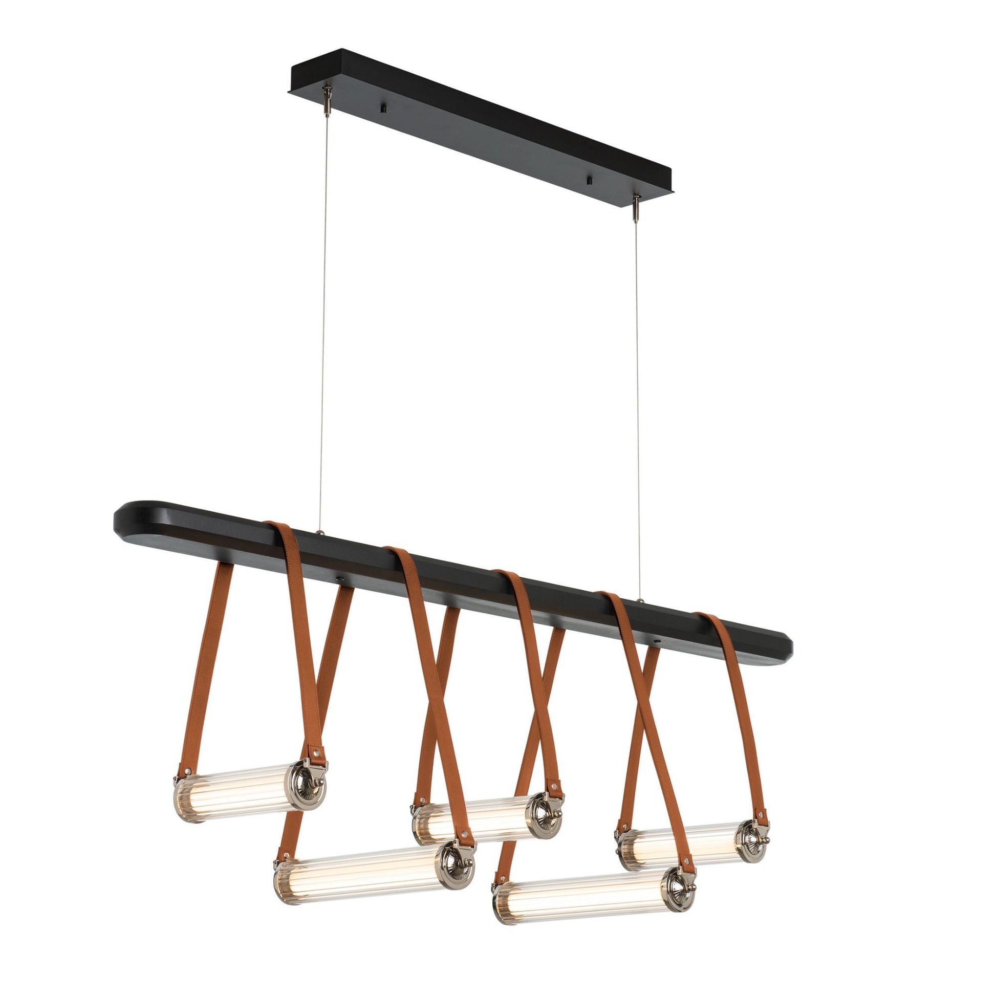 York Linear 5-Light LED Pendant Polished Nickel Accent Chestnut Leather LED Clear Glass (ZM) in Black