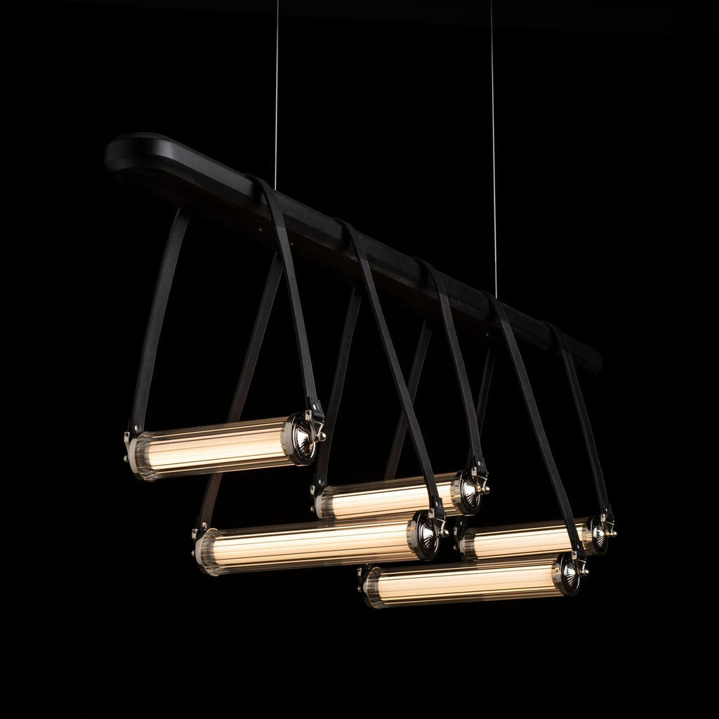 York Linear 5-Light LED Pendant Polished Nickel Accent Black Leather LED Clear Glass (ZM) in Black