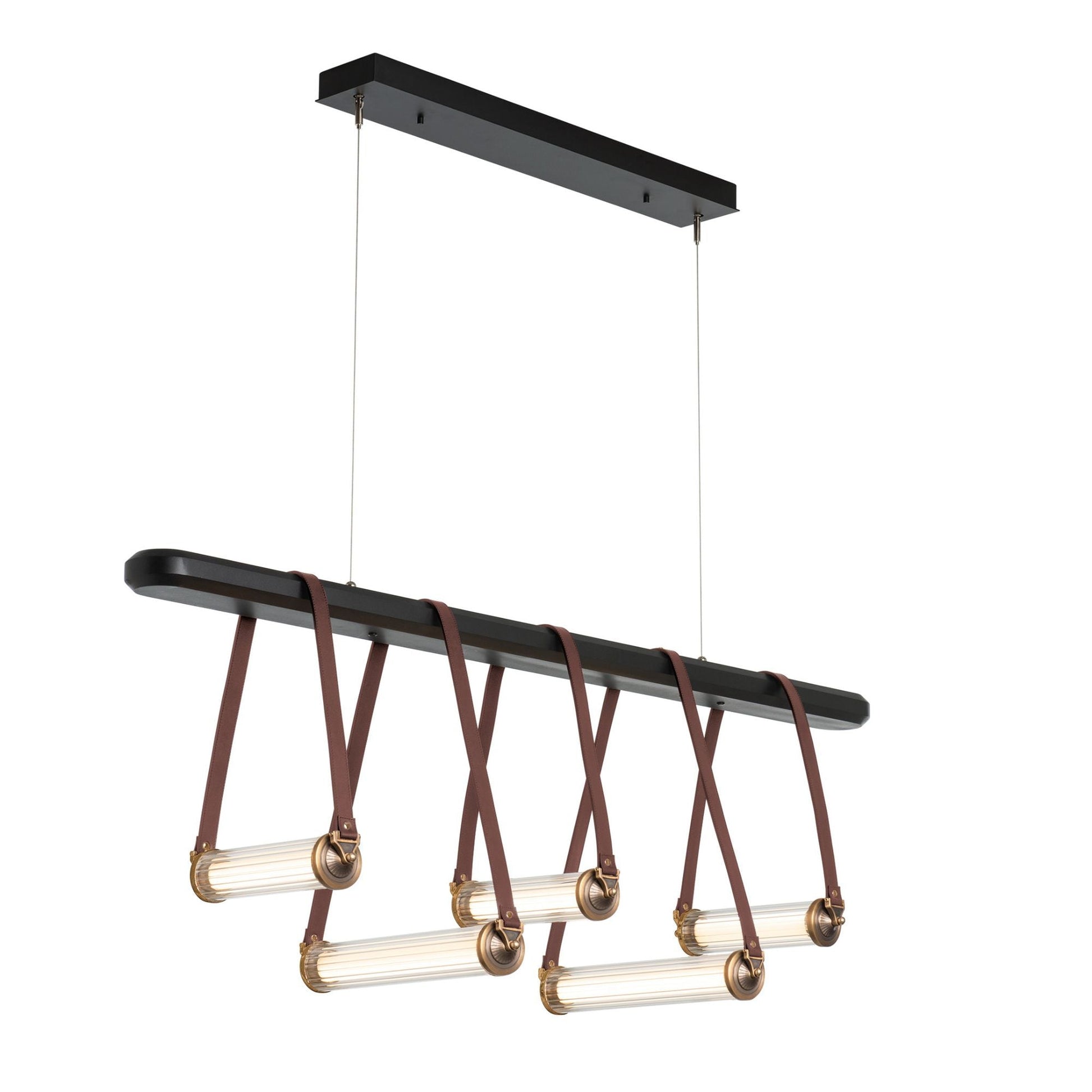 York Linear 5-Light LED Pendant Antique Brass Accent British Brown Leather LED Clear Glass (ZM) in Black