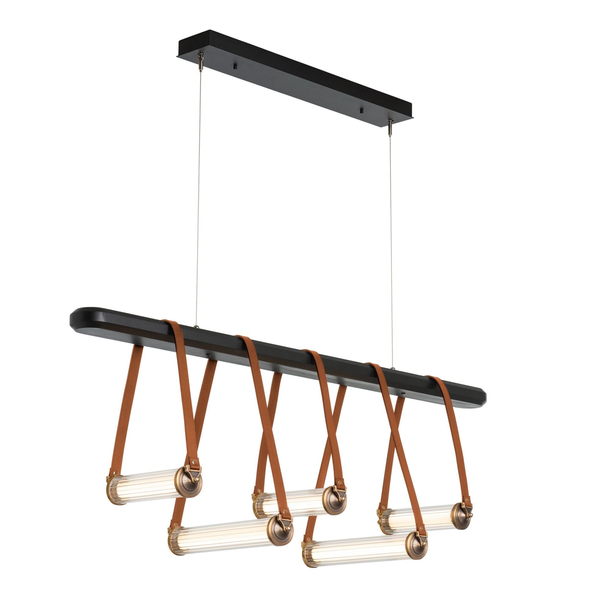 York Linear 5-Light LED Pendant Antique Brass Accent Chestnut Leather LED Clear Glass (ZM) in Black