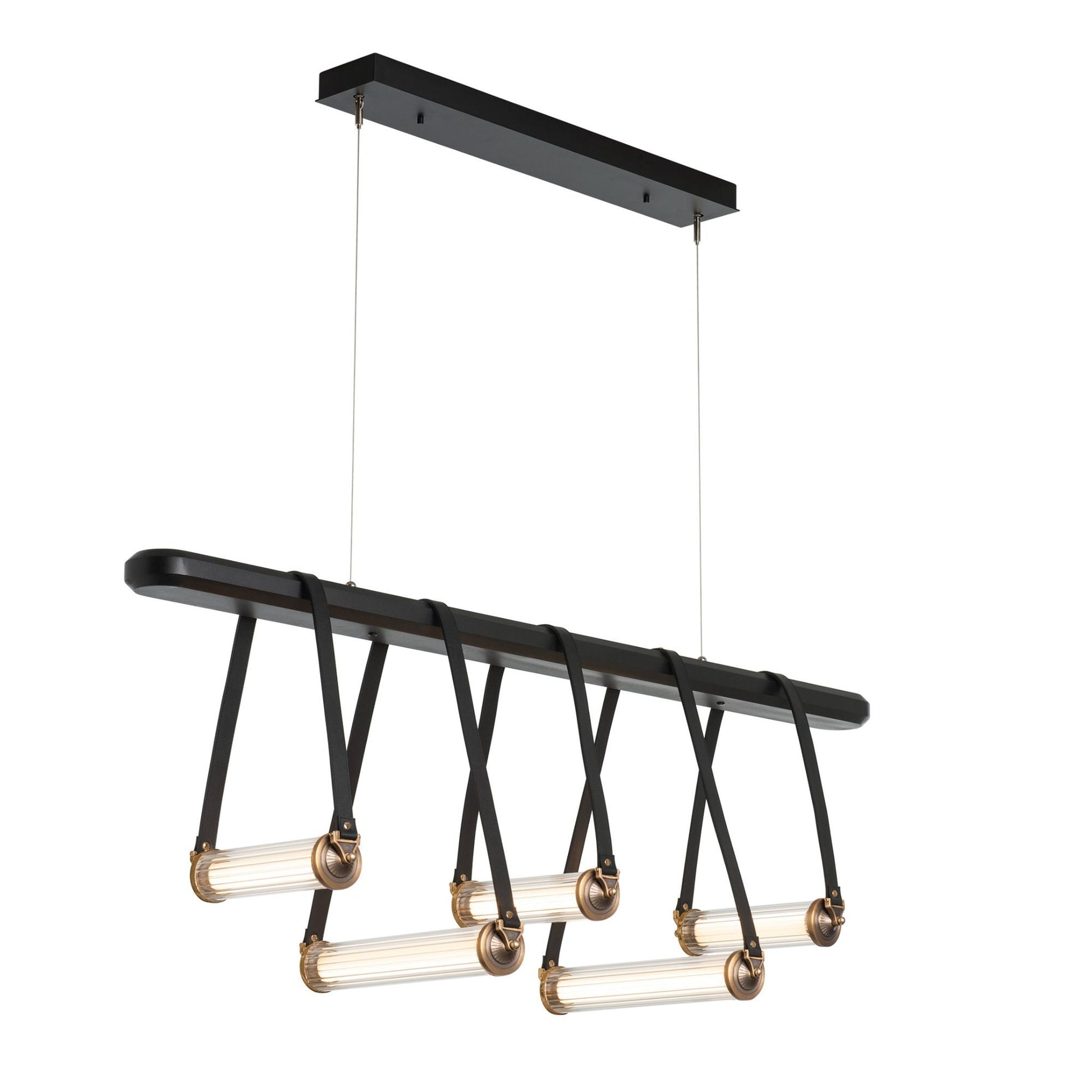 York Linear 5-Light LED Pendant Antique Brass Accent Black Leather LED Clear Glass (ZM) in Black
