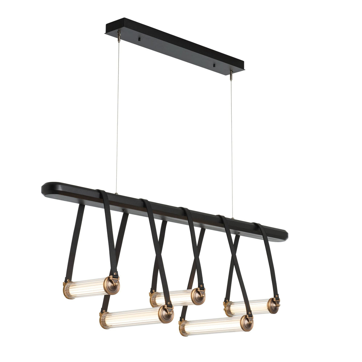 York Linear 5-Light LED Pendant Antique Brass Accent Black Leather LED Clear Glass (ZM) in Black