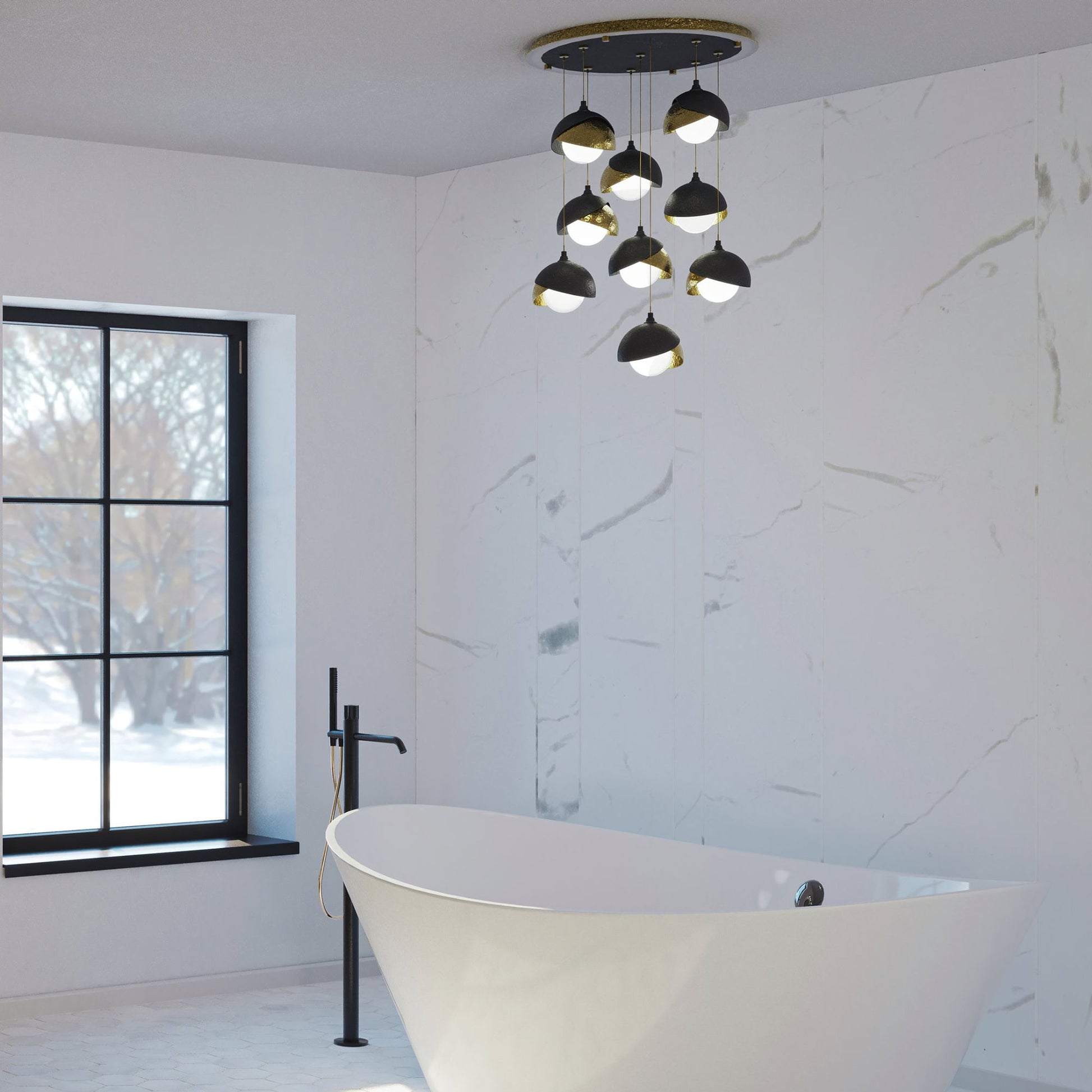Brooklyn 9-Light Double Shade Pendant 9-Light Modern Brass Accent Opal Glass (GG) in Black