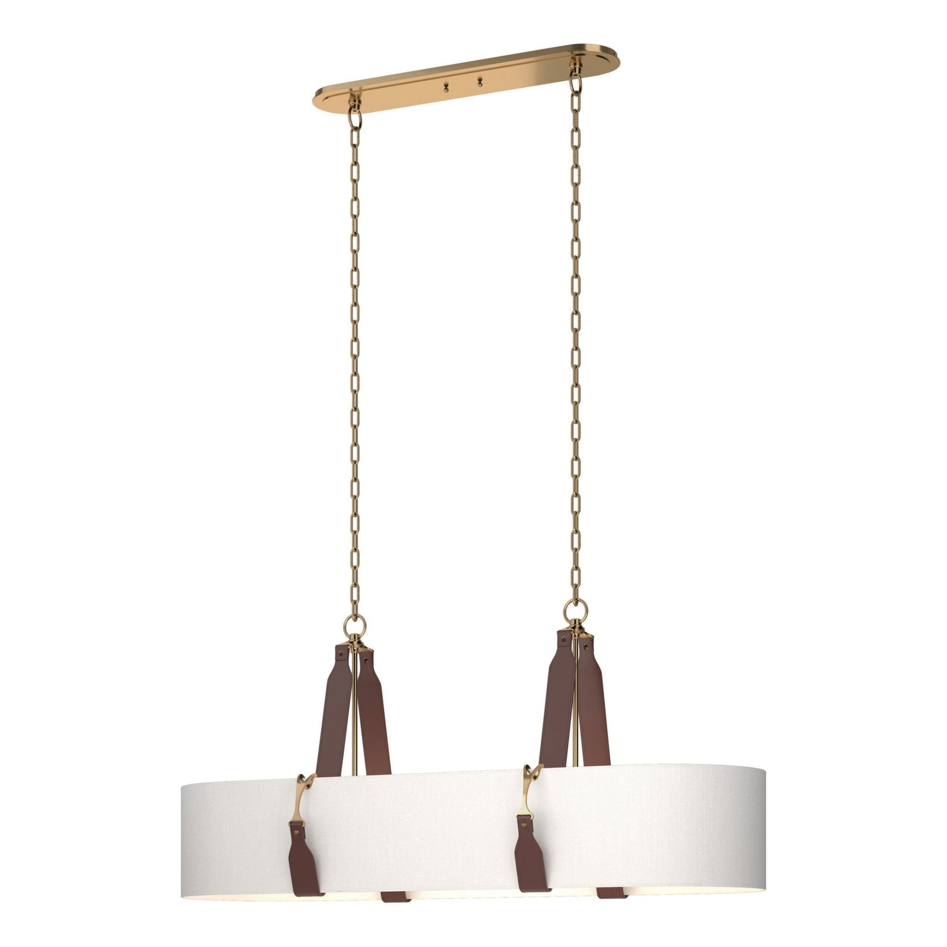 Saratoga Oval Pendant 4-Light British Brown Leather Natural Anna Shade (SF) in Antique Brass