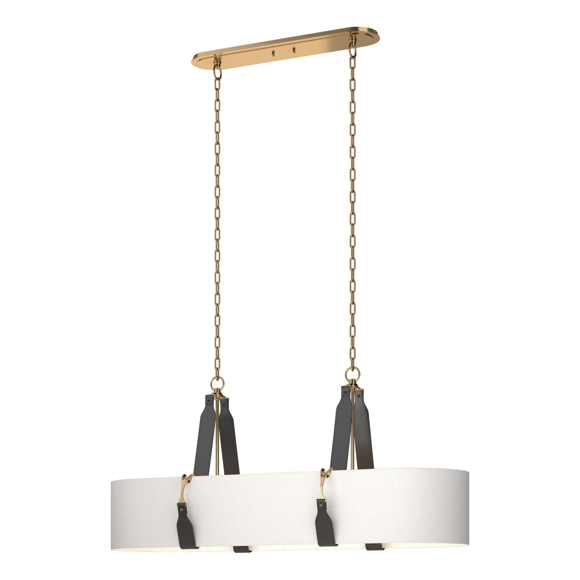 Saratoga Oval Pendant 4-Light Black Leather Natural Anna Shade (SF) in Antique Brass