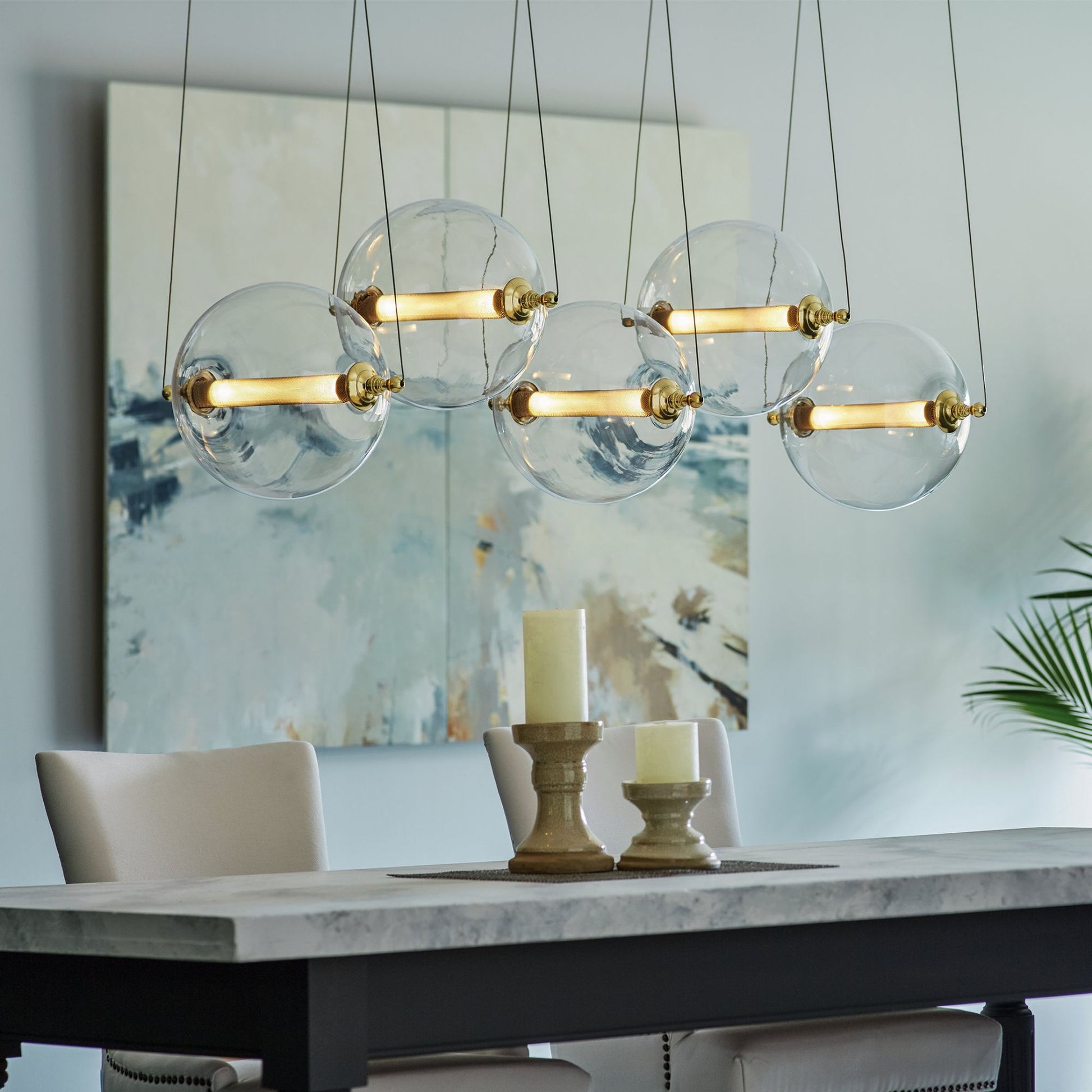 Otto Sphere 5 Light Pendant 10-Light Clear Glass with Stainless Steel Mesh Tube (YT) in Black with Brass Accents