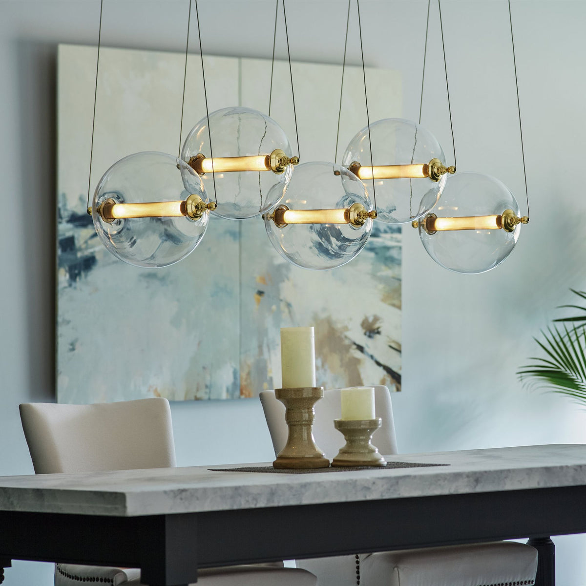 Otto Sphere 5 Light Pendant 10-Light Clear Glass with Stainless Steel Mesh Tube (YT) in Black with Brass Accents