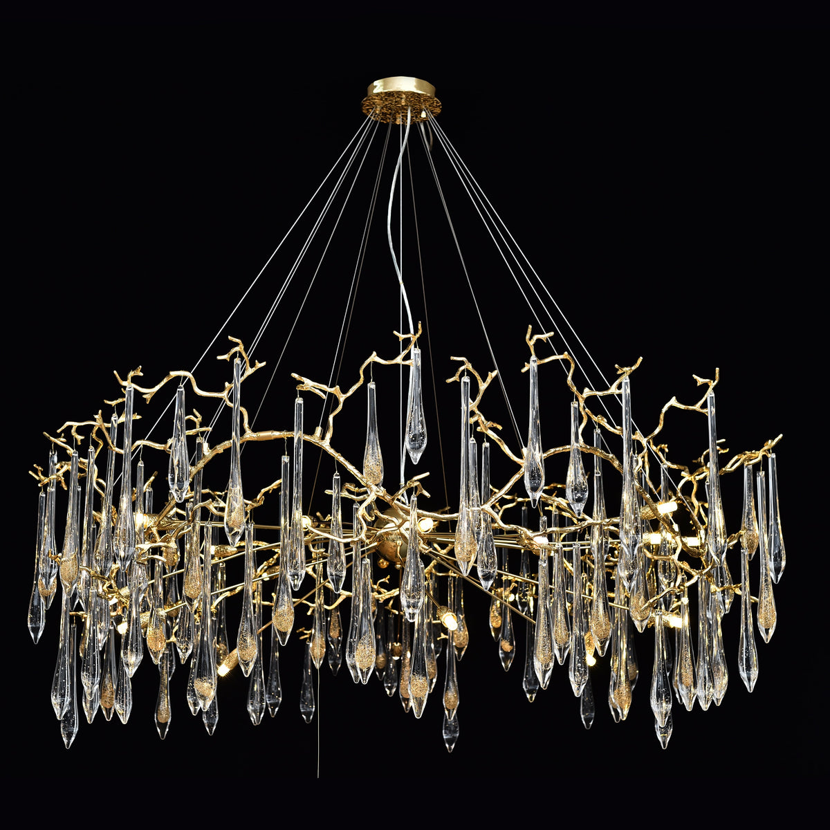 Branching Brass Extended Teardrop Round Chandelier