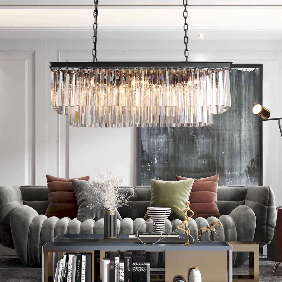2-Tier Crystal 1920s Odeon Rectangular Chandelier L49"