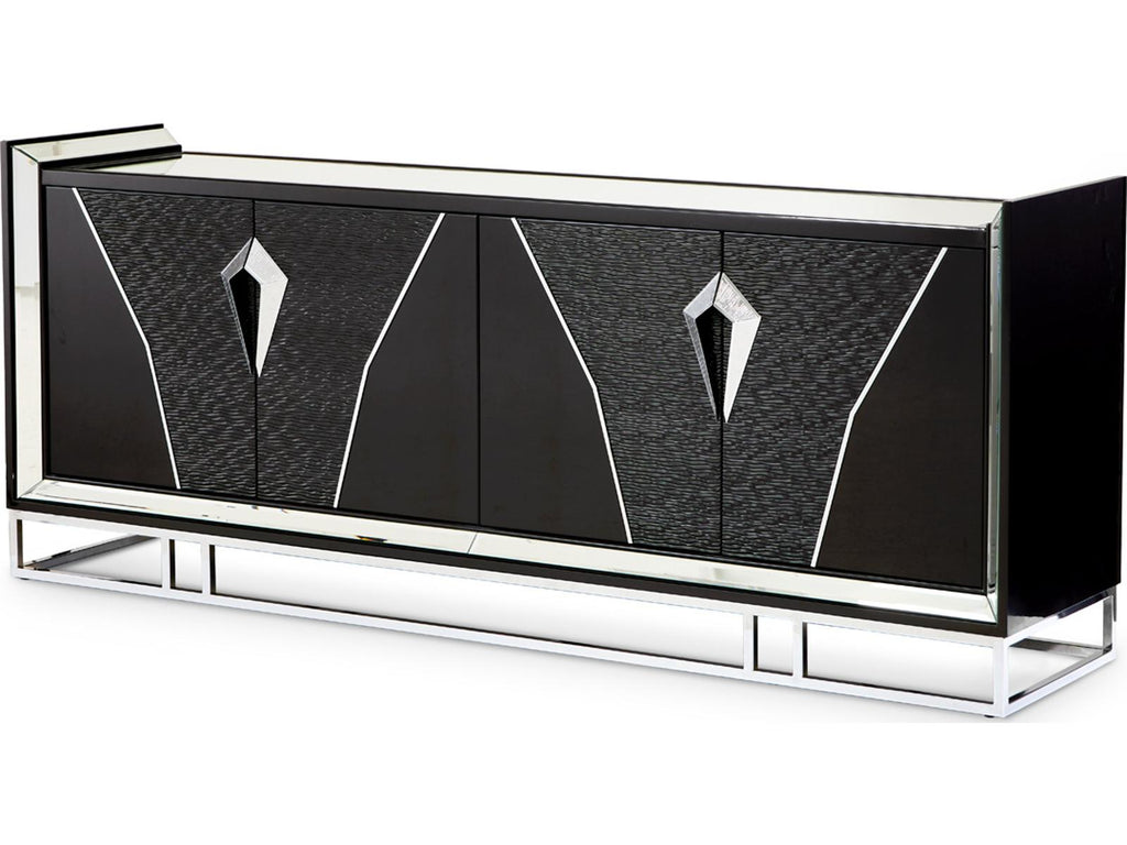 Carmela Mirrored Console Table Glossy Charcoal Sand Modern Glam