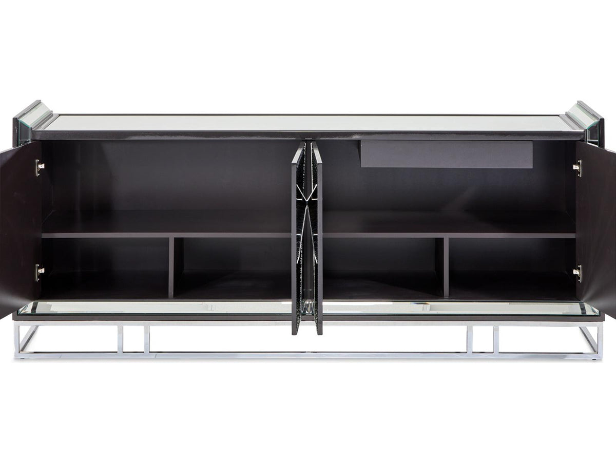 Carmela Mirrored Console Table Glossy Charcoal Sand Modern Glam