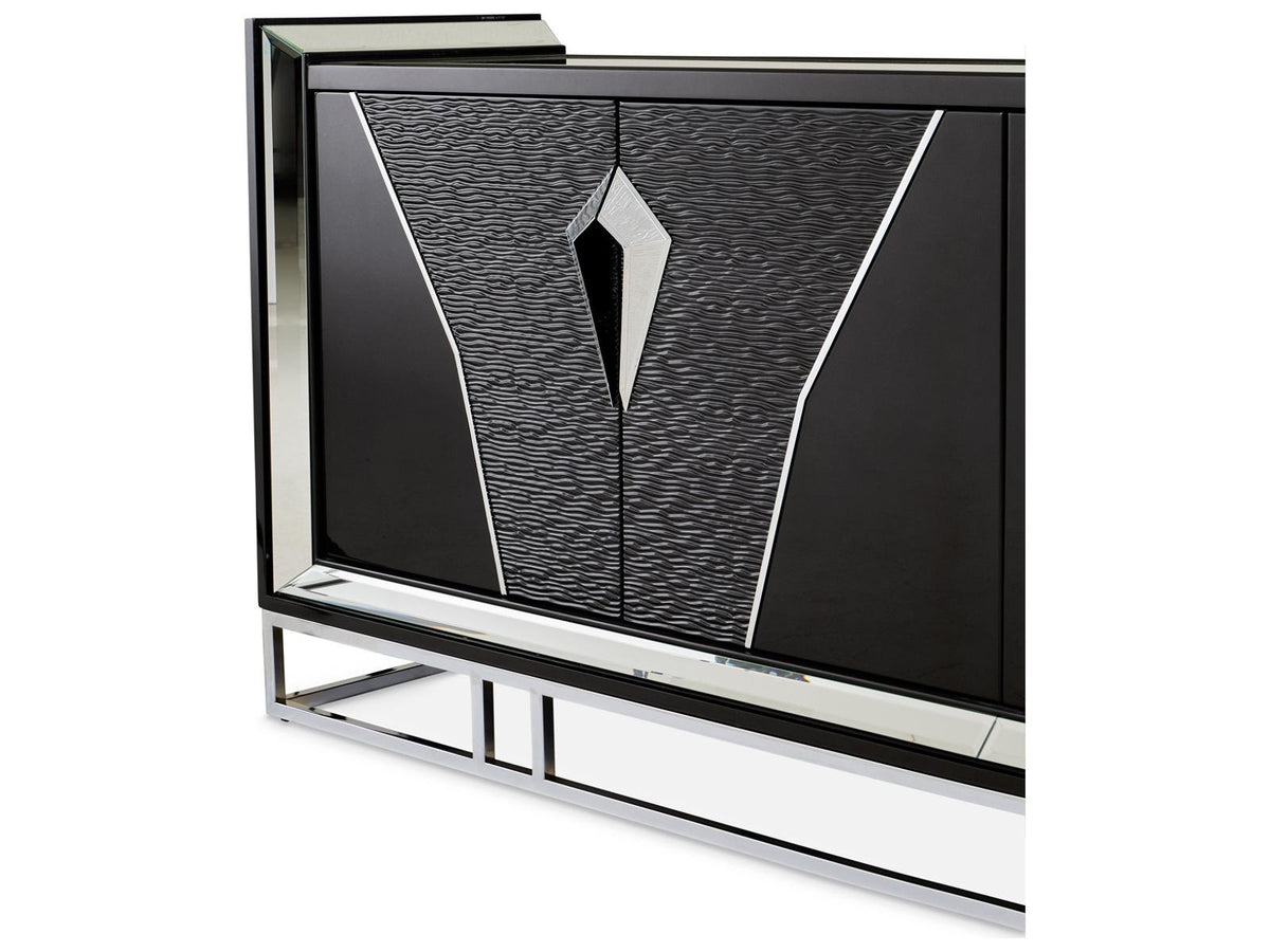 Carmela Mirrored Console Table Glossy Charcoal Sand Modern Glam