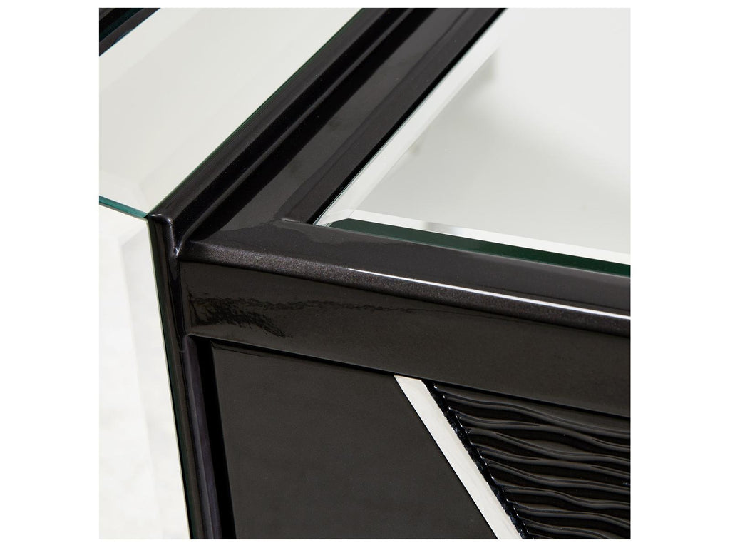 Carmela Mirrored Console Table Glossy Charcoal Sand Modern Glam