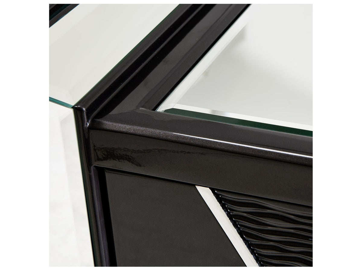 Carmela Mirrored Console Table Glossy Charcoal Sand Modern Glam