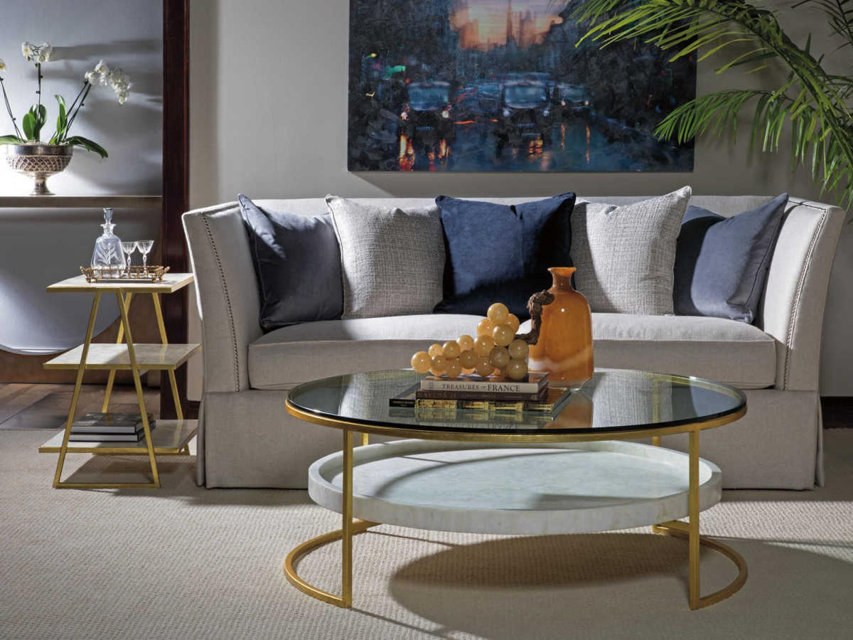 Home Cumulus Round Coffee Table with Gold Foil and Crystal Shelf