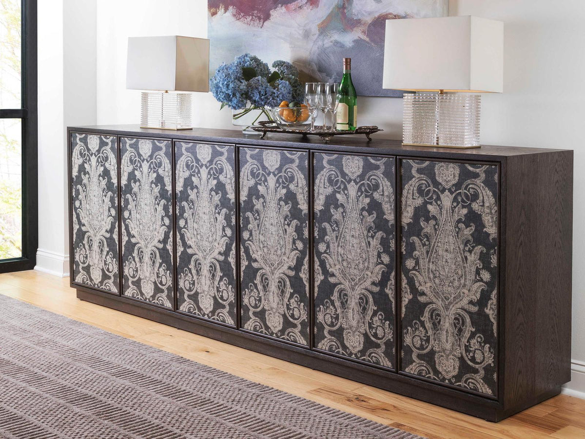 Venerato 99-Inch Media Console TV Stand in Mocha Wood and Fabric