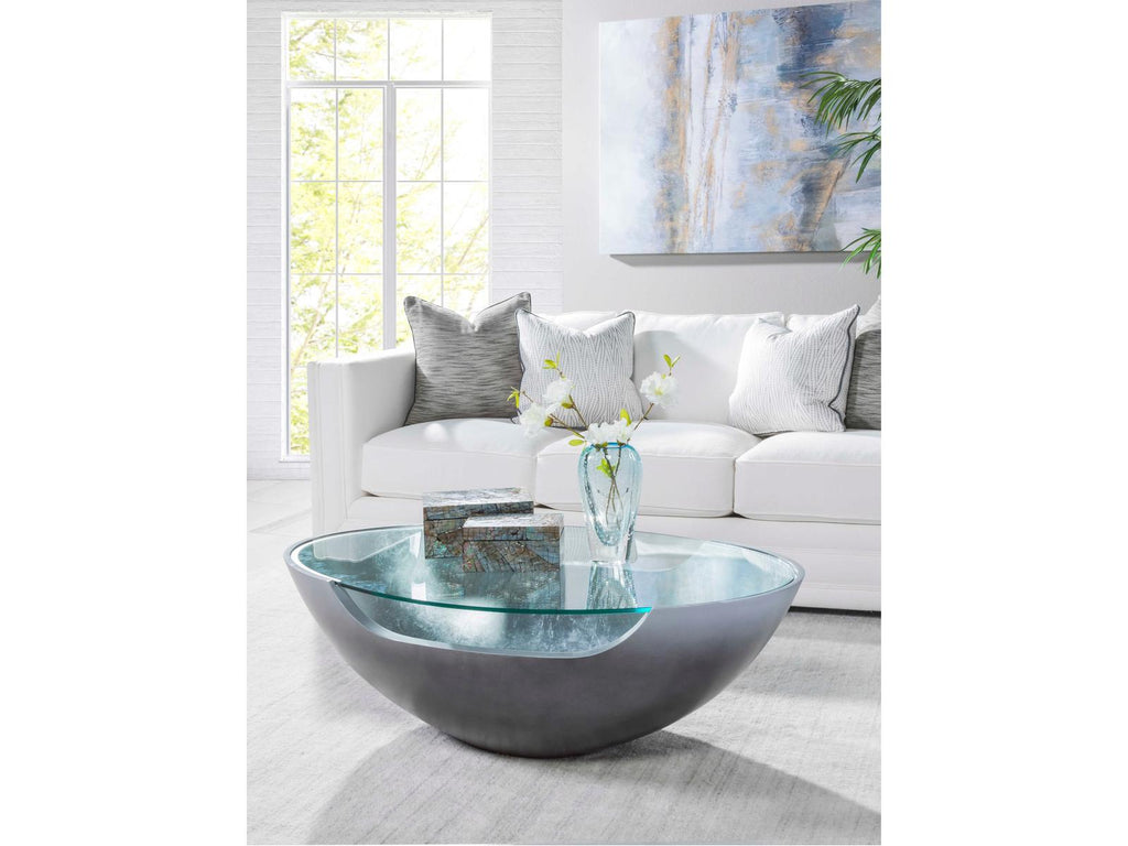 Home Circa Oval Cocktail Table in Silver Gray Metal and Tempered Glass