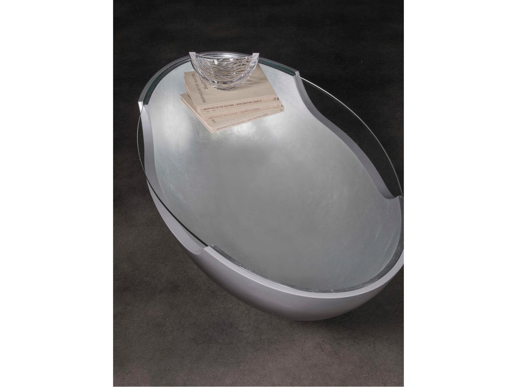 Home Circa Oval Cocktail Table in Silver Gray Metal and Tempered Glass