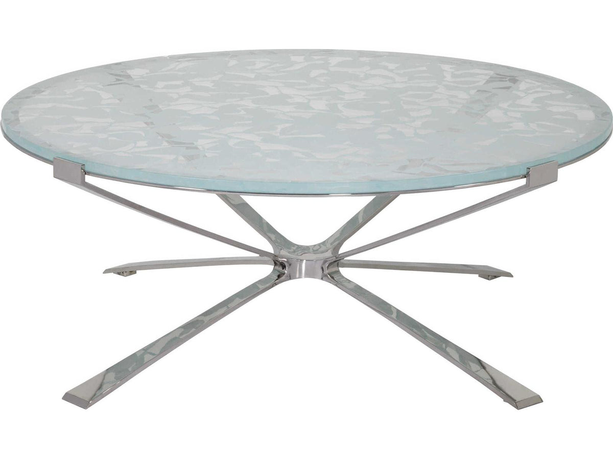 Signature Designs Snowscape Round Glass Coffee Table with Polished Stainless Steel Base