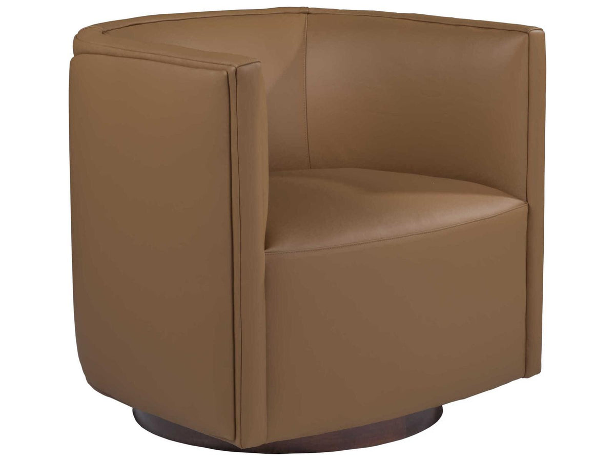 Home Ingrid Leather Swivel Accent Chair with Wood Base in Brown