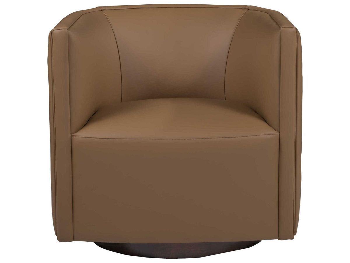 Home Ingrid Leather Swivel Accent Chair with Wood Base in Brown