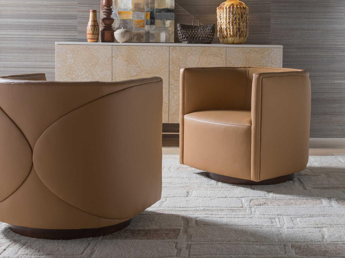 Home Ingrid Leather Swivel Accent Chair with Wood Base in Brown