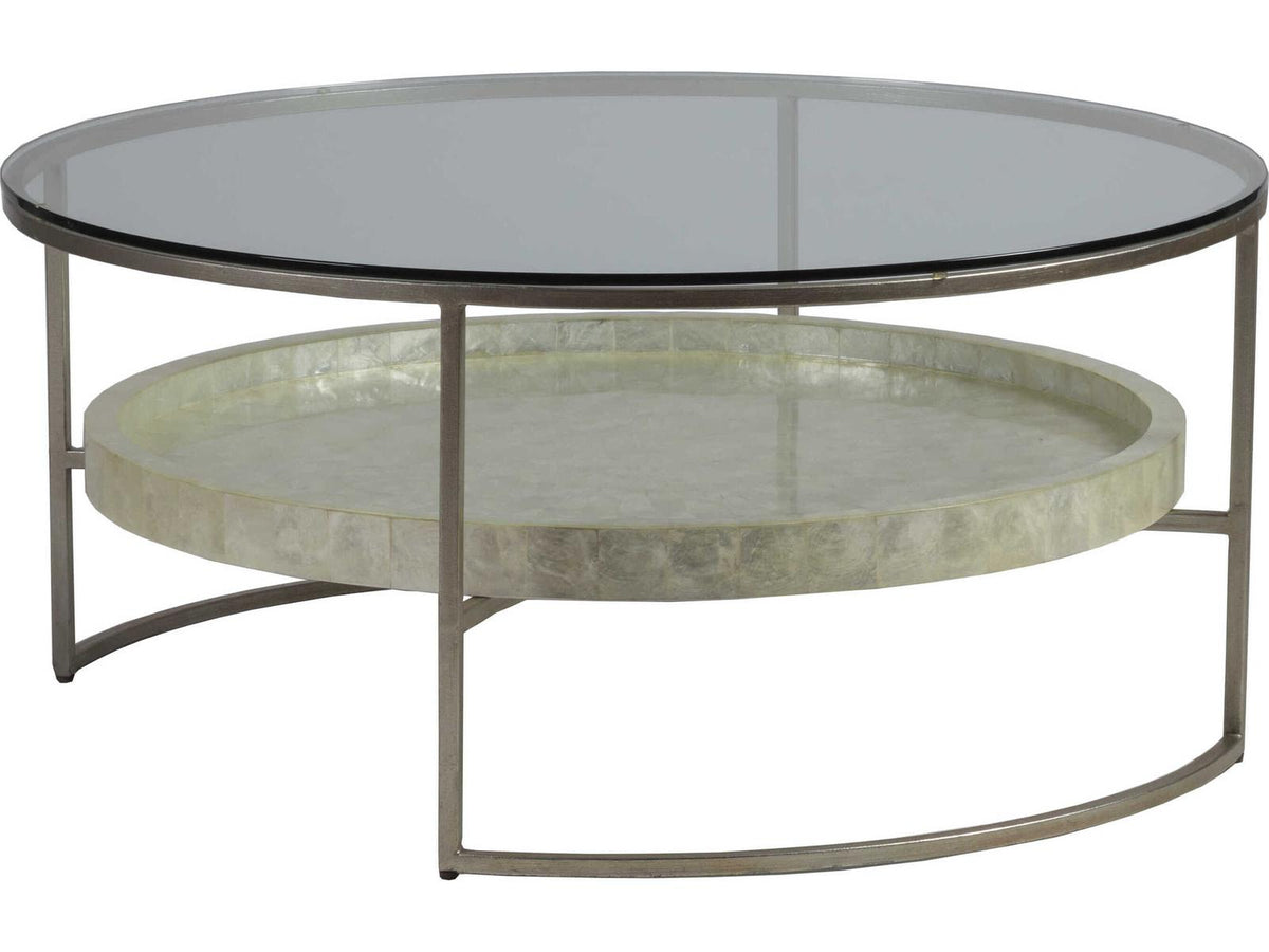 Home Cumulus Capiz Round Coffee Table with Glass Top and Champagne Finish