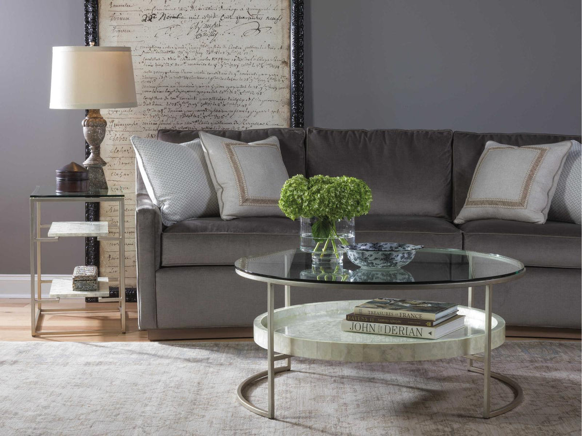 Home Cumulus Capiz Round Coffee Table with Glass Top and Champagne Finish