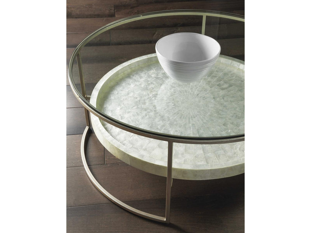 Home Cumulus Capiz Round Coffee Table with Glass Top and Champagne Finish