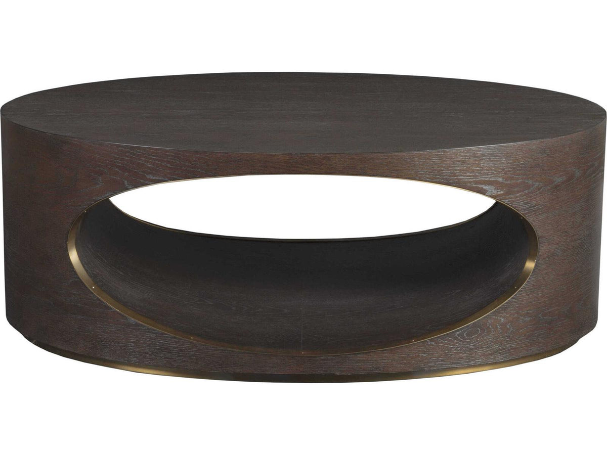 Home Verbatim Oval Coffee Table in Rich Brown with Antiqued Brass