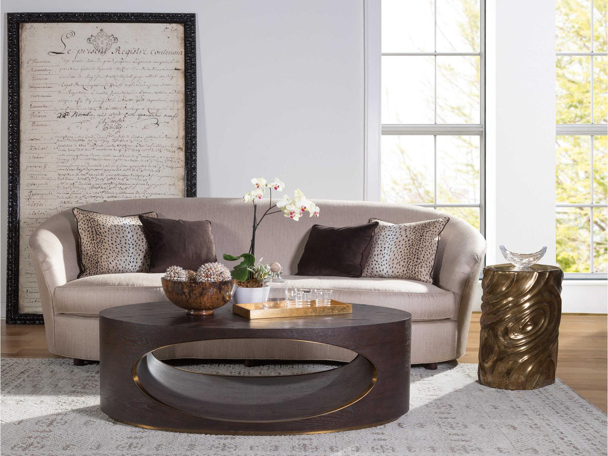 Home Verbatim Oval Coffee Table in Rich Brown with Antiqued Brass
