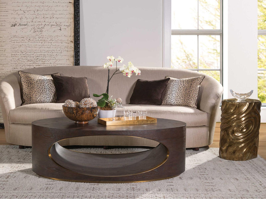 Home Verbatim Oval Coffee Table in Rich Brown with Antiqued Brass