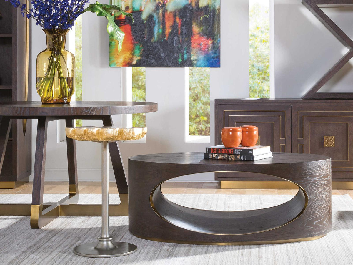 Home Verbatim Oval Coffee Table in Rich Brown with Antiqued Brass