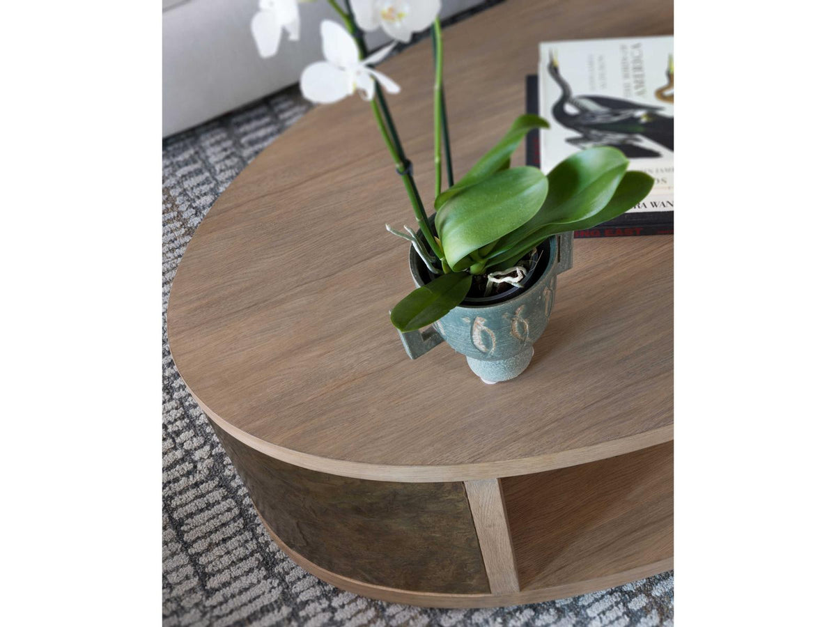 Home Simpatico Oval Cocktail Table in White Oak and Bronze