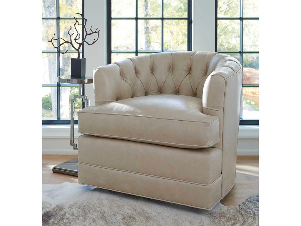 Cliffhaven Leather Swivel Barrel Chair in Taupe with Tufted Back