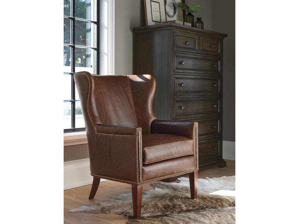 Avery Leather Wing Accent Chair in Brown with Old Brass Nailhead Trim