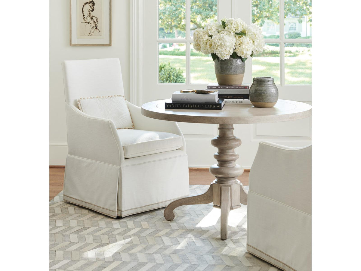 Adelaide Upholstered Dining Armchair with Waterfall Skirt and Kidney Pillow