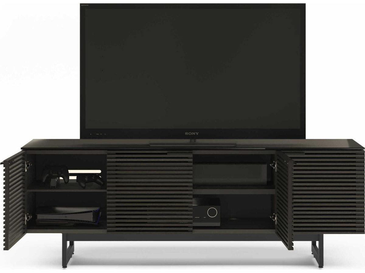 Corridor Louvered Wood Media Console in Charcoal Stained Ash