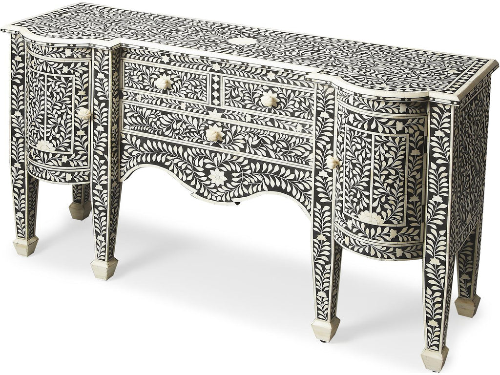 Vivienne Rectangular Bone Inlay Buffet in Black with Three Drawers