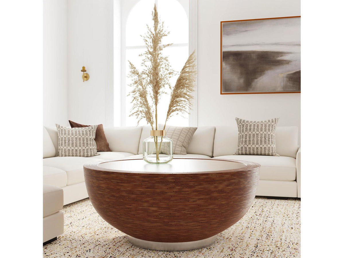 Harding Round Coffee Table in Brown Rattan and Oak Veneer