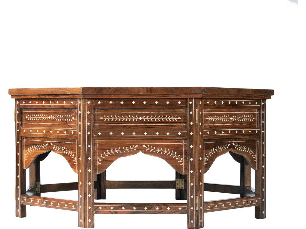 Mandore Octagon Coffee Table in Distressed Brown Teak and Bone Inlay