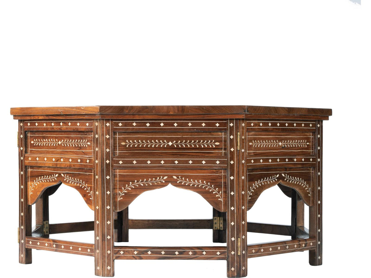 Mandore Octagon Coffee Table in Distressed Brown Teak and Bone Inlay