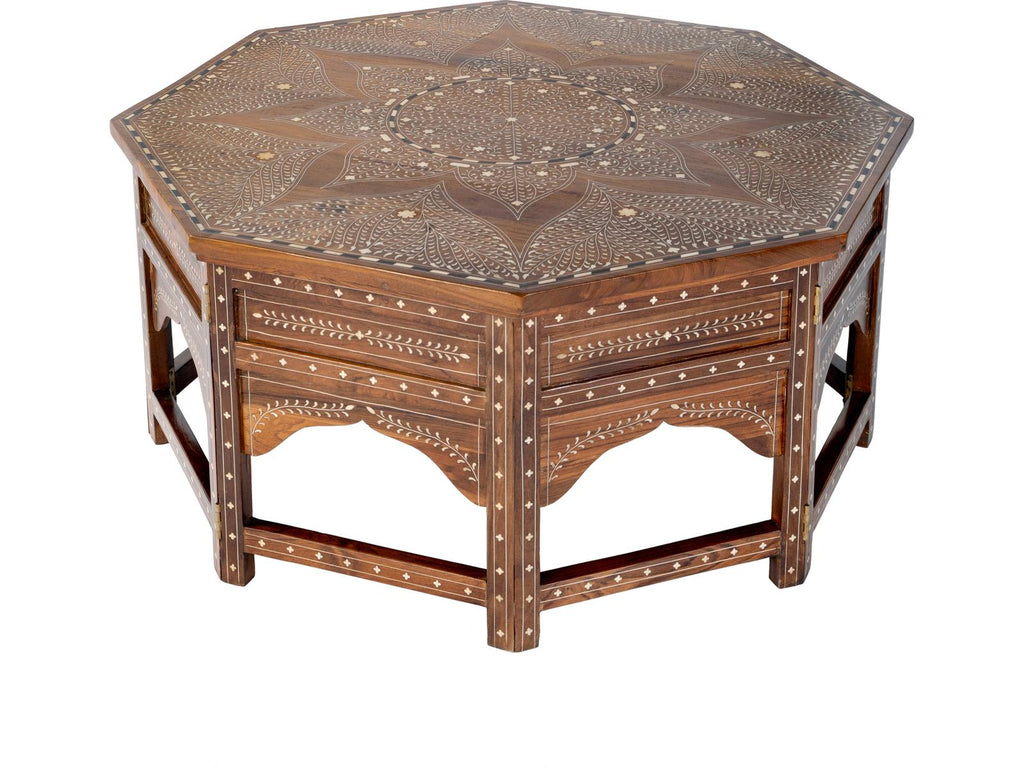 Mandore Octagon Coffee Table in Distressed Brown Teak and Bone Inlay