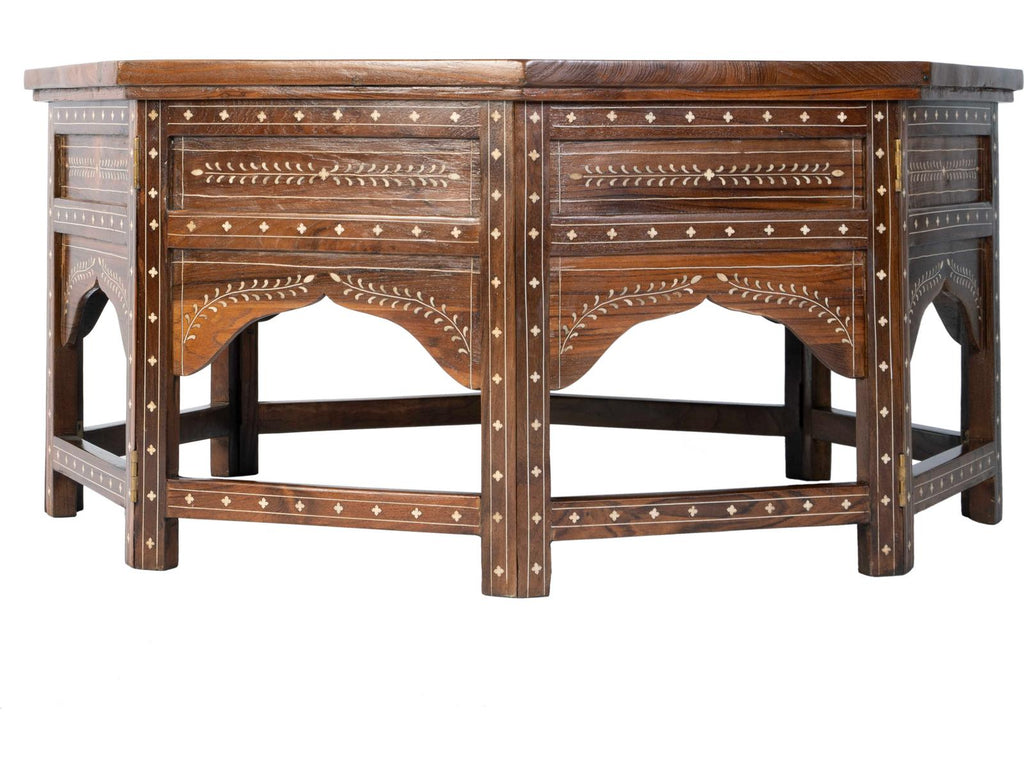 Mandore Octagon Coffee Table in Distressed Brown Teak and Bone Inlay